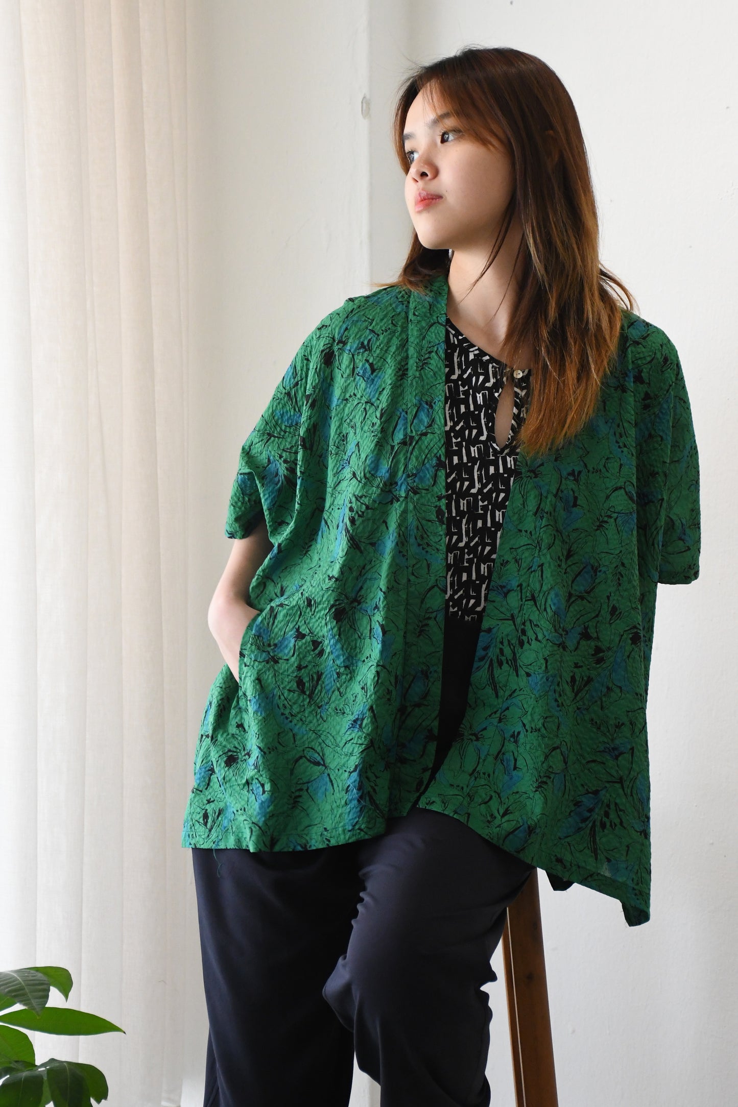 ZW Kimono Outer / Inked Blossoms (Green)