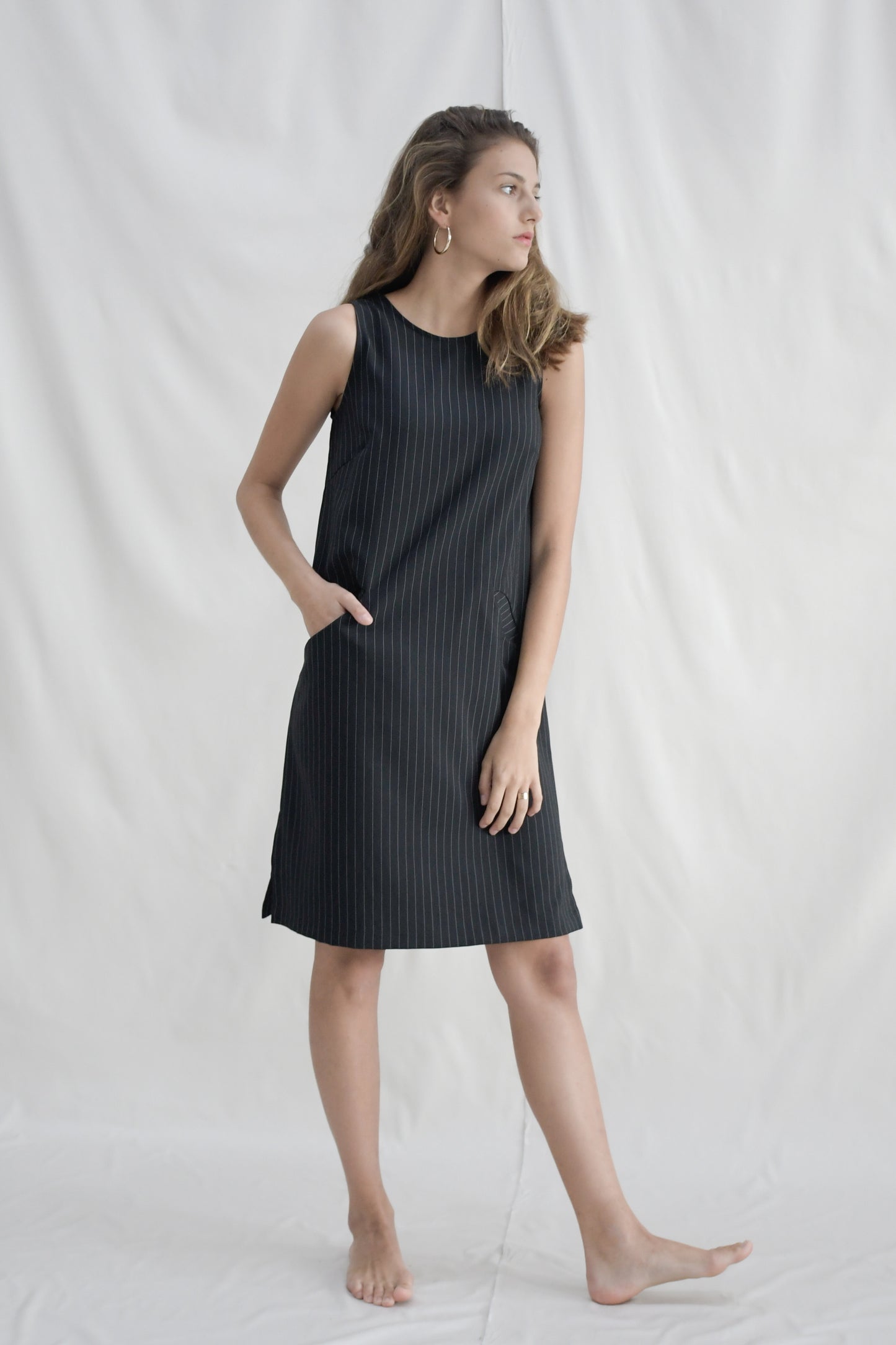 Pinstripes Shift Dress / Black