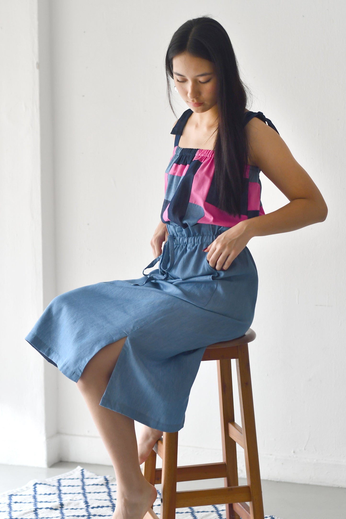 Drawstring Midi Skirt/ Light Denim