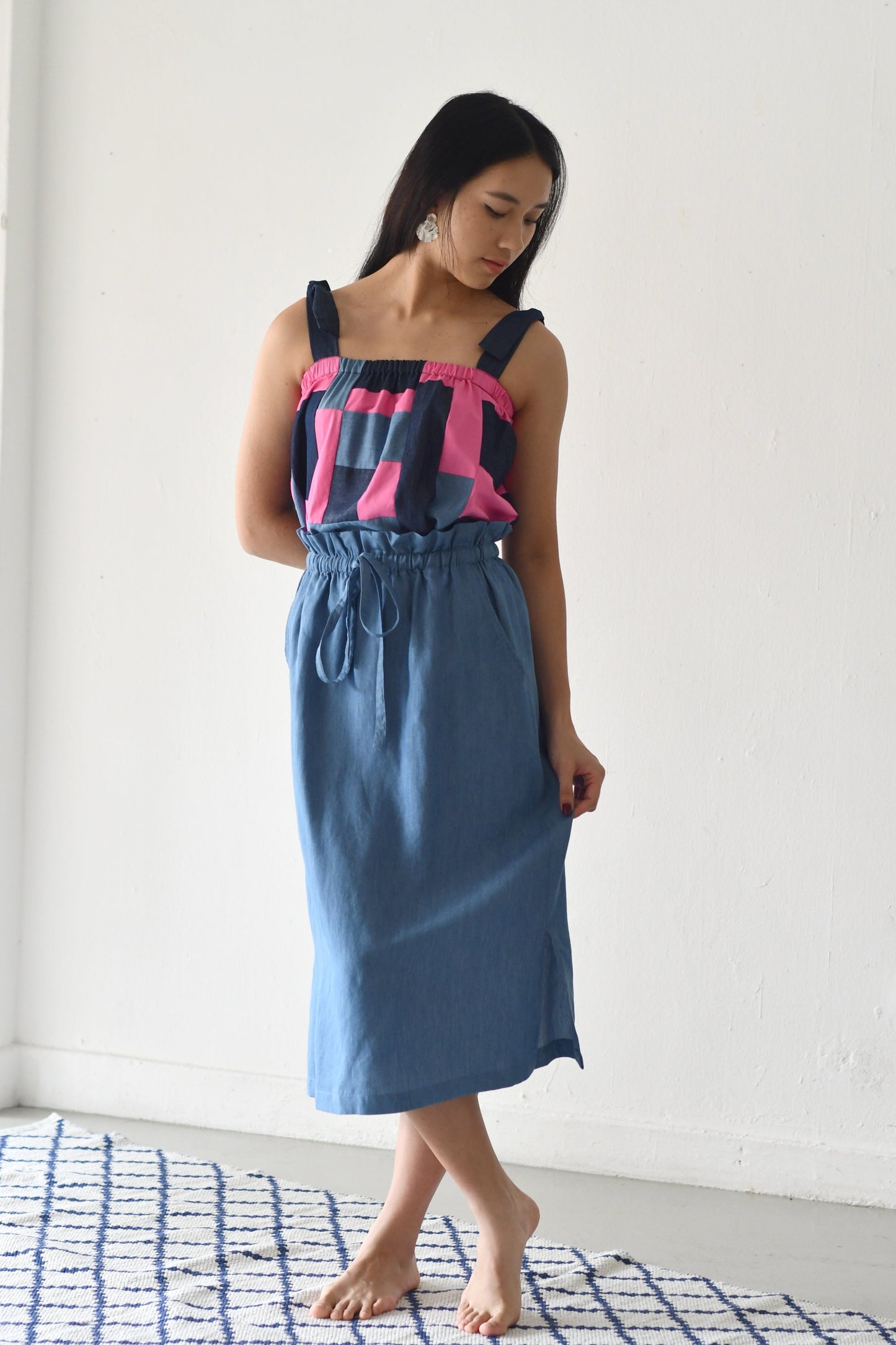 Drawstring Midi Skirt/ Light Denim