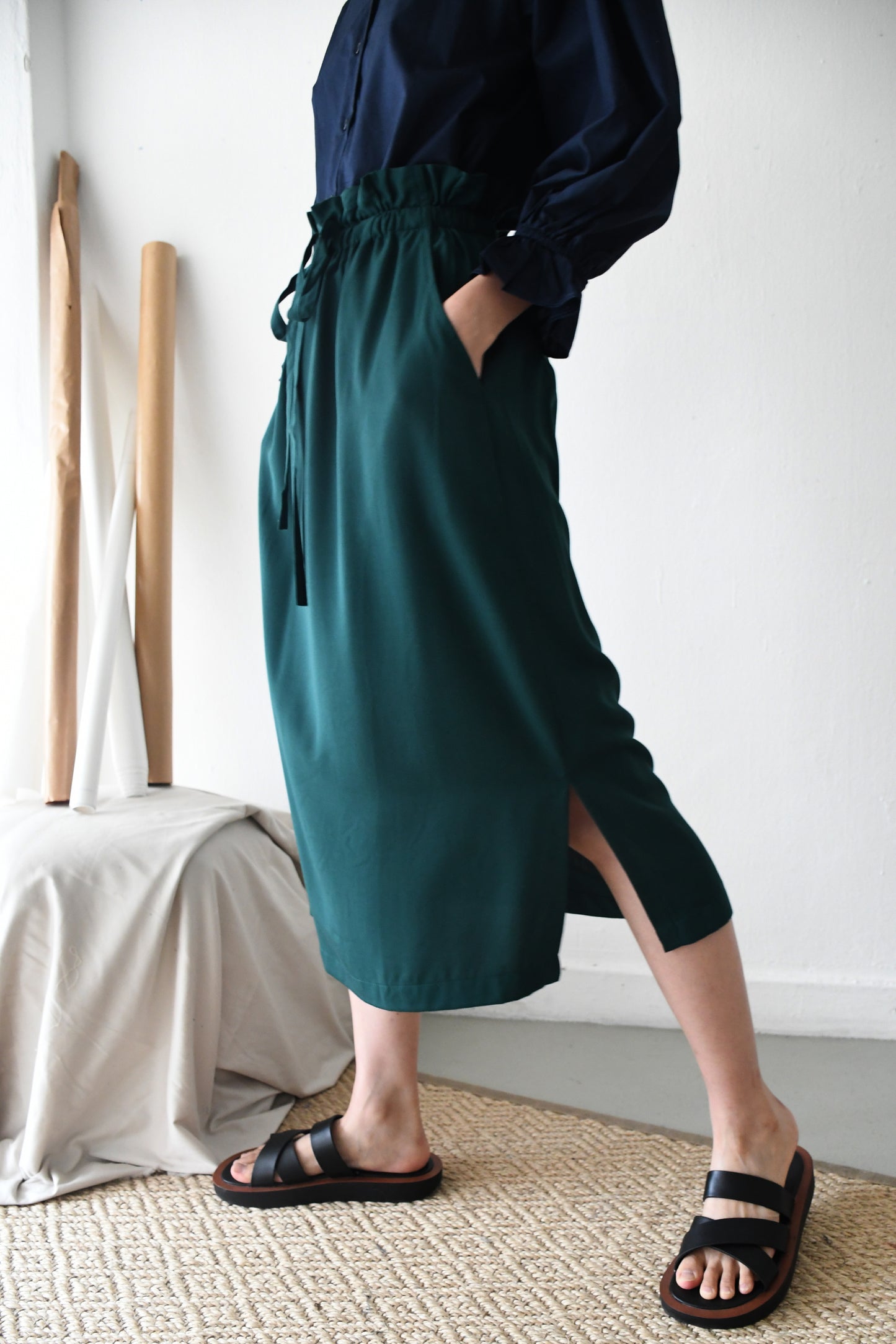 Drawstring Midi Skirt/ Forest Green