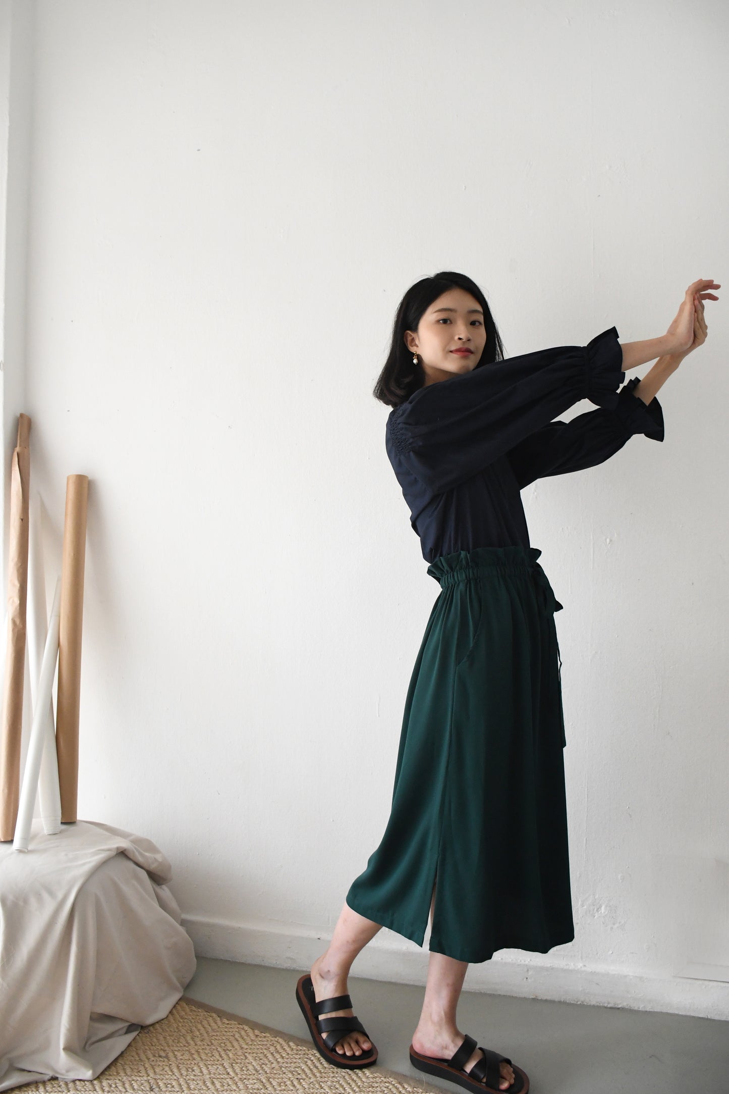 Drawstring Midi Skirt/ Forest Green