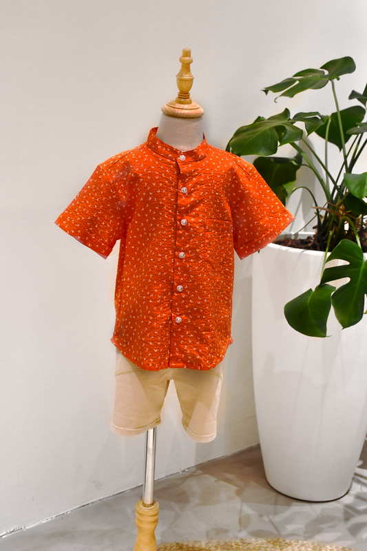 LITTLES Mandarin Collared Shirt/ Red Flutters