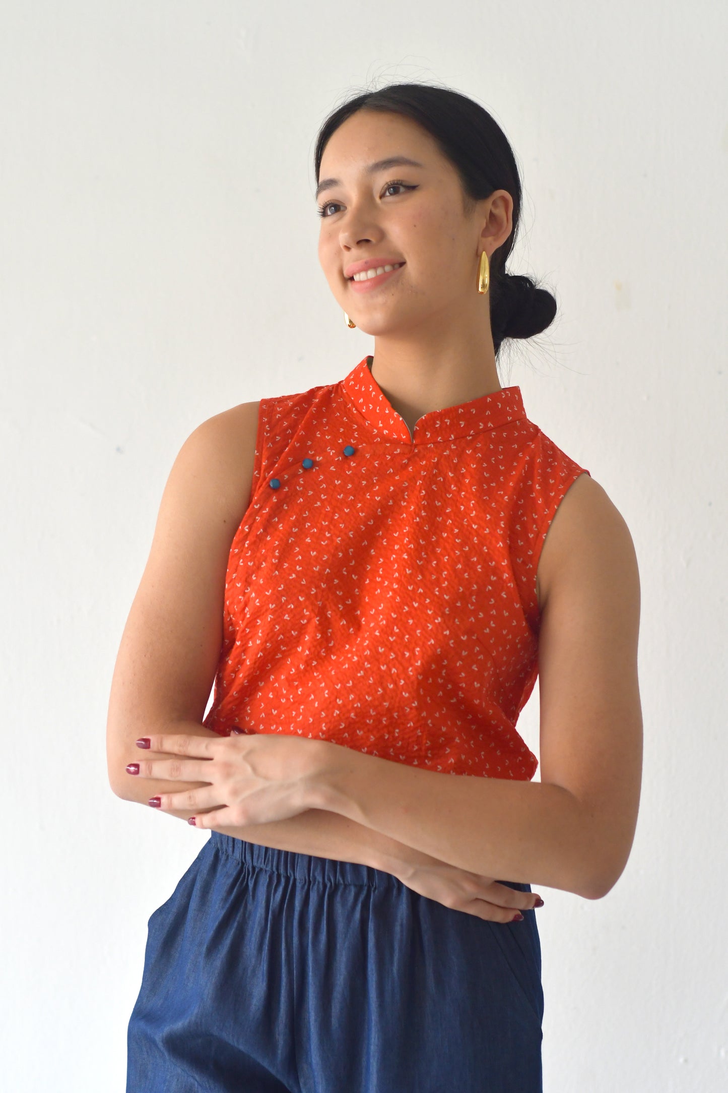 Mandarin Shell Top/ Red Flutters