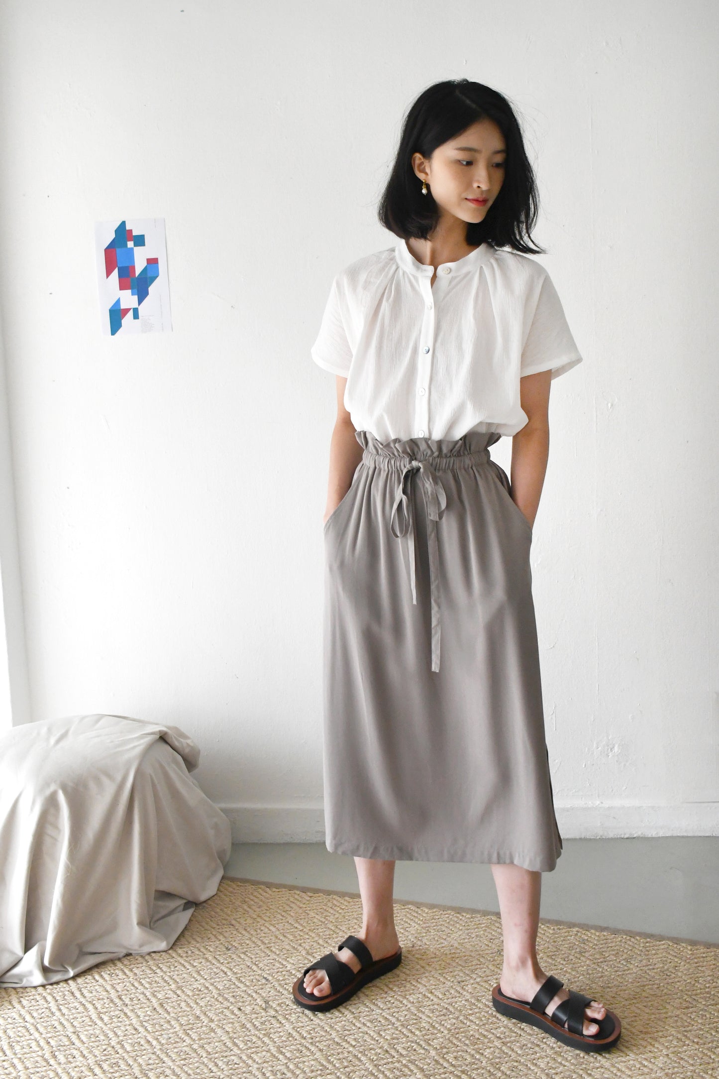 Drawstring Midi Skirt/ Taupe