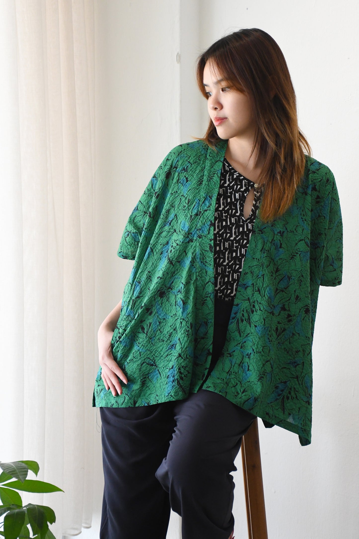 ZW Kimono Outer / Inked Blossoms (Green)