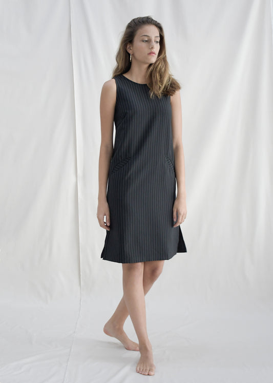 Pinstripes Shift Dress / Black