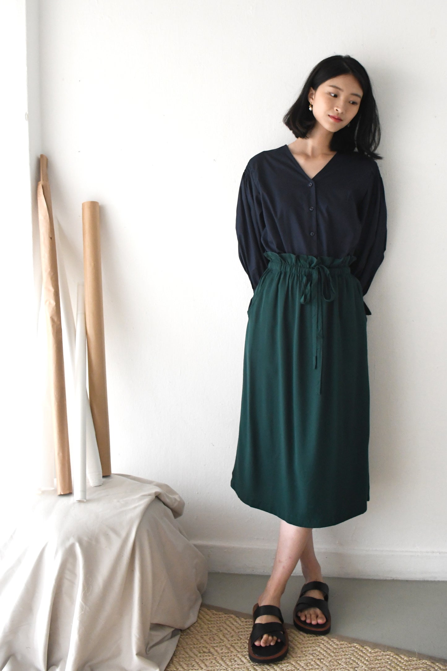 Drawstring Midi Skirt/ Forest Green