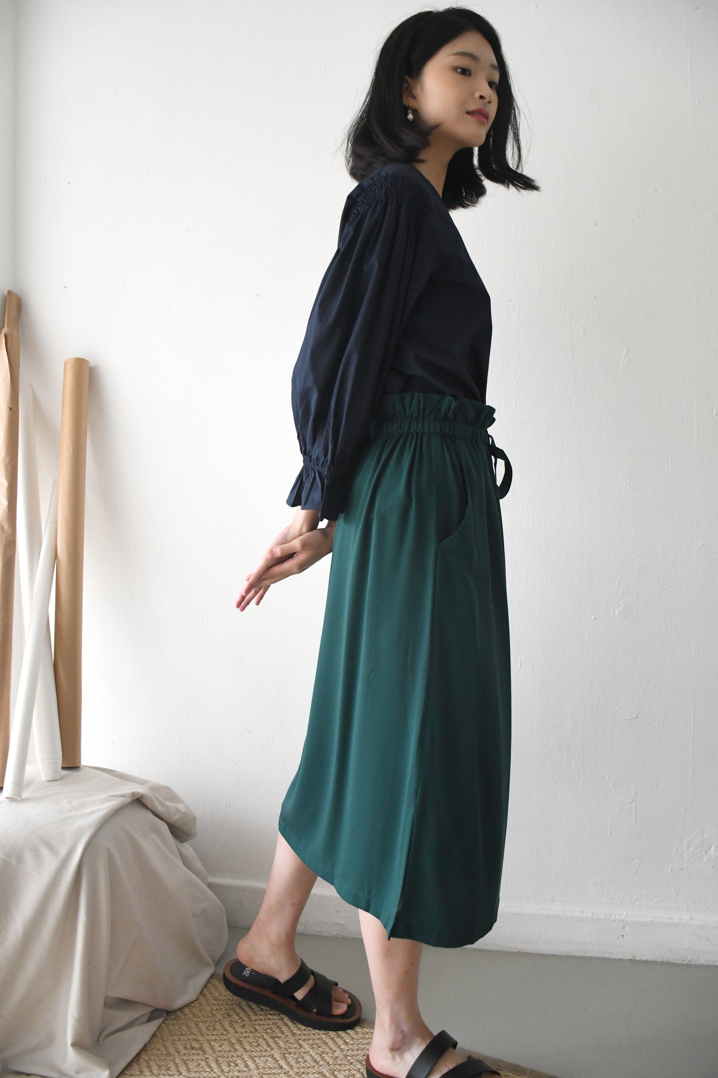Drawstring Midi Skirt/ Forest Green