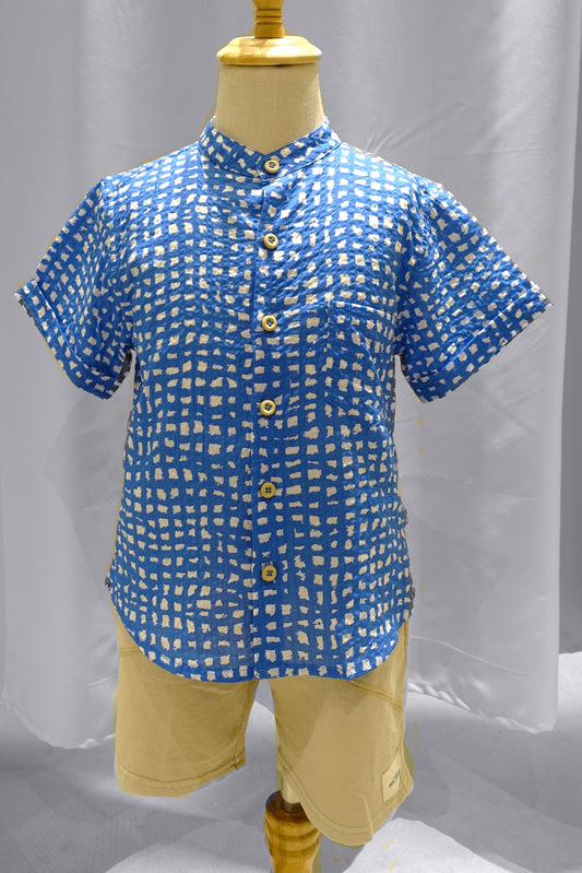 LITTLES Mandarin Collared Shirt/ Blue Grids