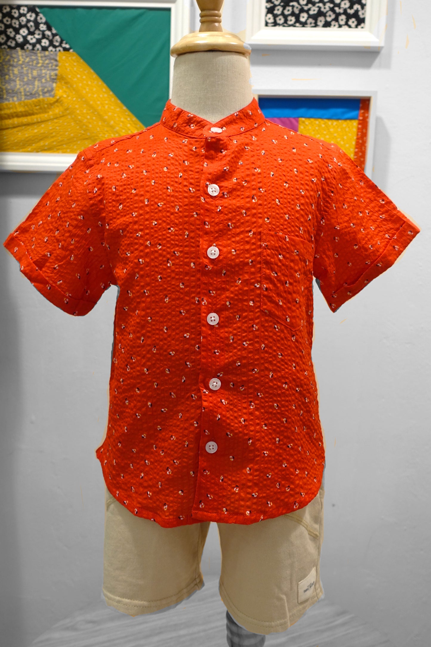 LITTLES Mandarin Collared Shirt/ Red Dazzle