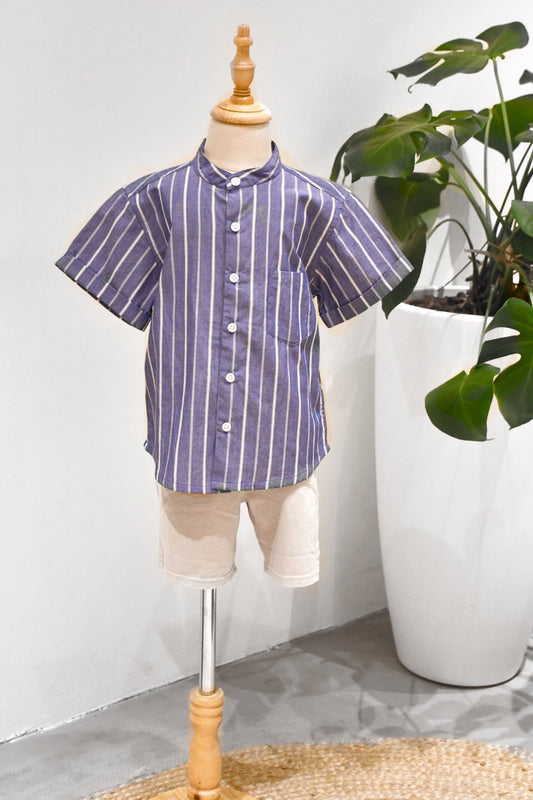 LITTLES Mandarin Collared Shirt/ Blue Stripes