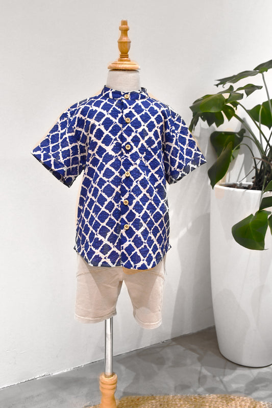 LITTLES Mandarin Collared Shirt/ Blue Mosaic